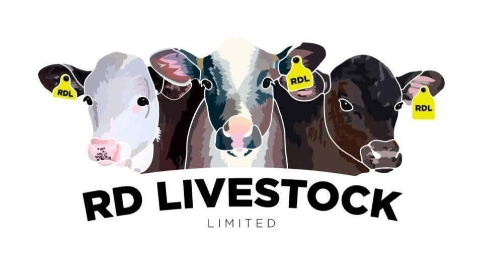 Logo of RD Livestock Limited featuring stylized cows with tags on a white background.