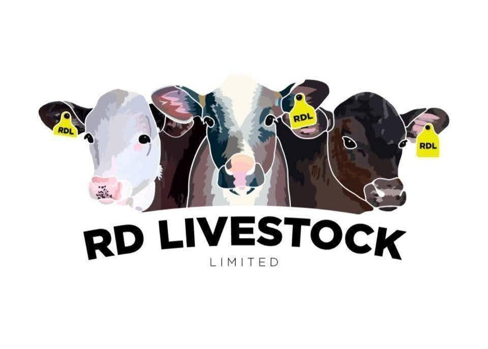 Logo of RD Livestock Limited featuring stylized cows with tags on a white background.