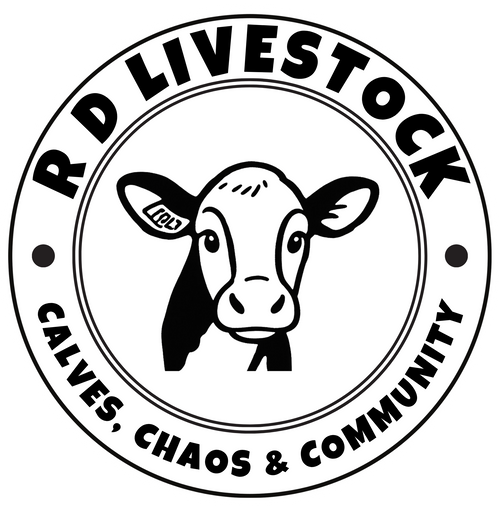 Logo of R D Livestock with a cow illustration and text on a white background