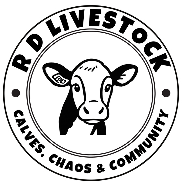 Logo of R D Livestock with a cow illustration and text on a white background