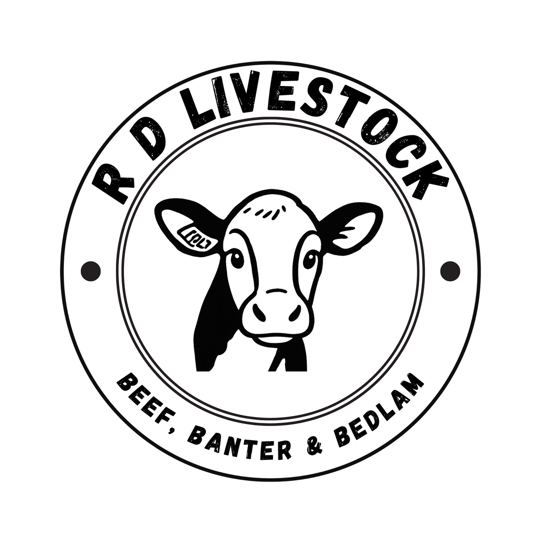 Logo of R D Livestock with a cow illustration and text on a white background